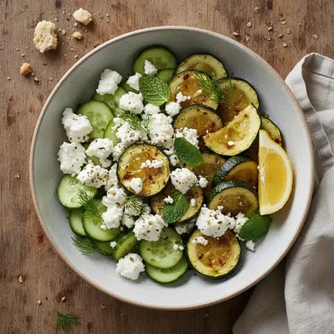 Bowl grec à la feta, concombre et courgettes rôties