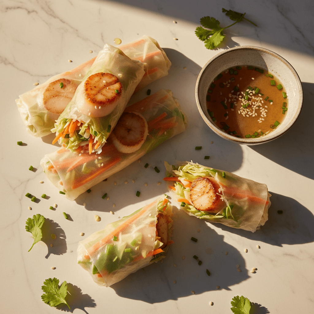 Rouleau de papier de riz aux Saint-Jacques et légumes