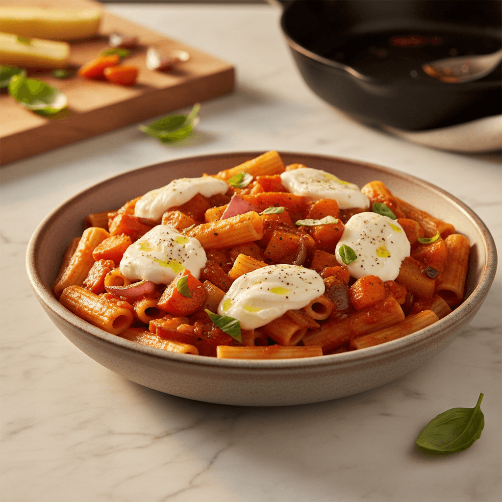 Pâtes à la sauce tomate et légumes rôtis