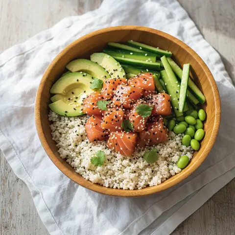 Poké bowl au saumon sur lit de chou-fleur