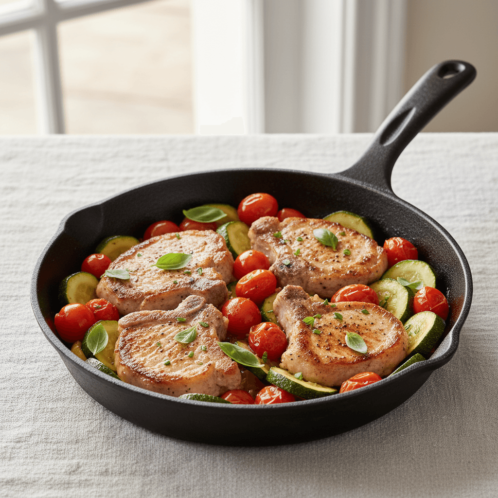 Poelee de cotes de porc aux courgettes et tomates cerises