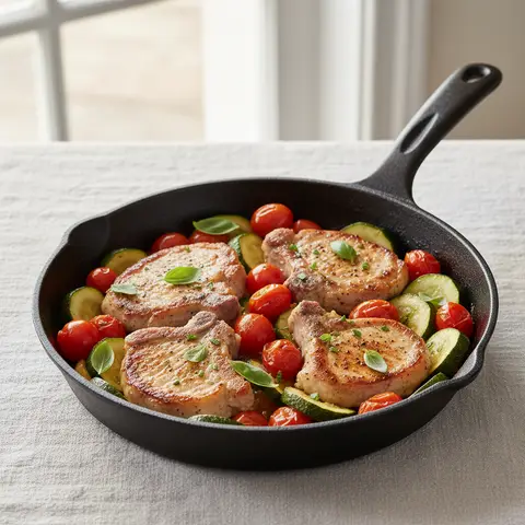 Poelee de cotes de porc aux courgettes et tomates cerises