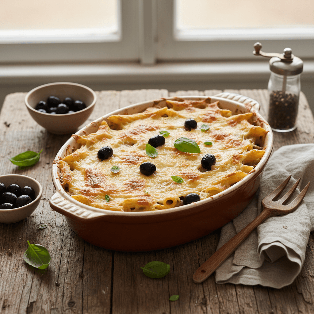 Cremige Penne mit Oliven und Gruyère