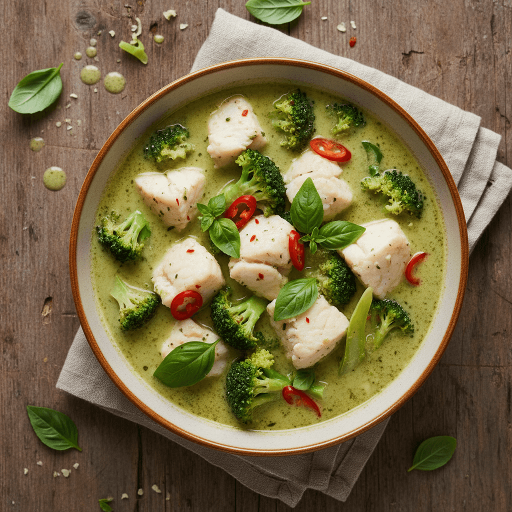 Soupe de lotte au curry vert et brocoli