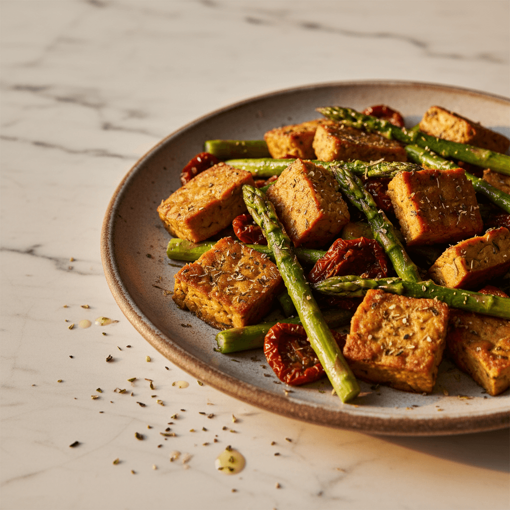 Tempeh rôti aux asperges et tomates séchées