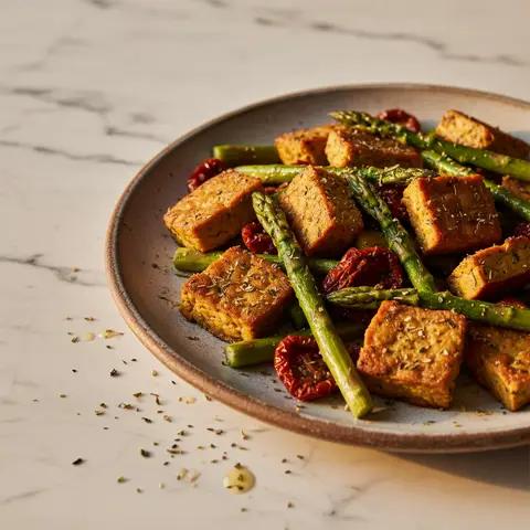 Tempeh rôti aux asperges et tomates séchées