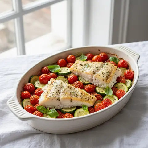 Cabillaud rôti aux tomates cerises et courgettes