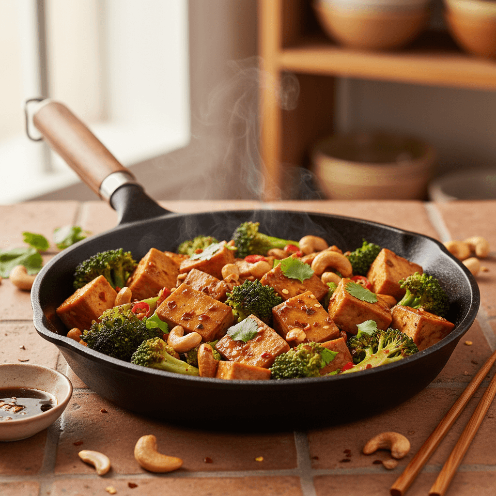 Poêlée de tofu épicé aux brocolis et noix de cajou
