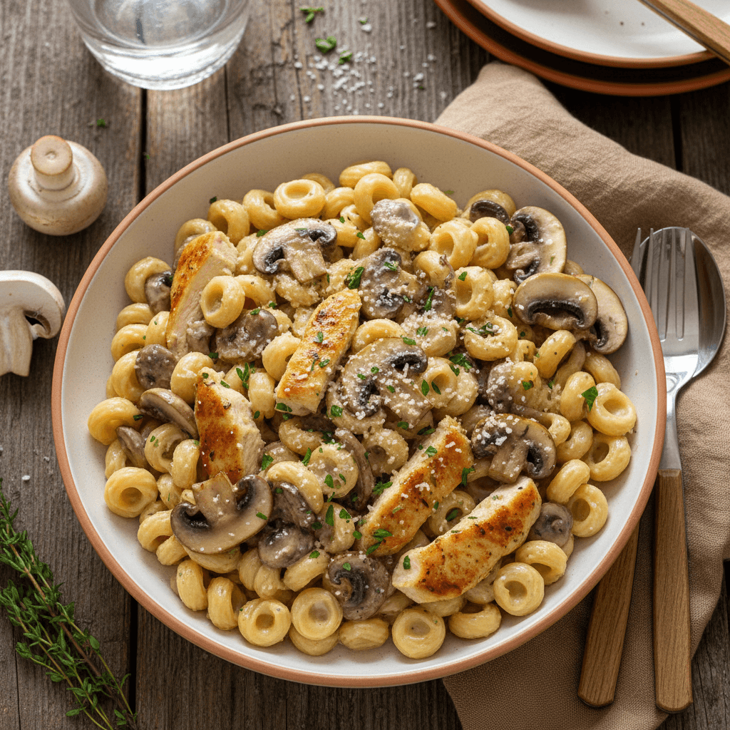 Cremige Muschelnudeln mit Pilzen und Hähnchen
