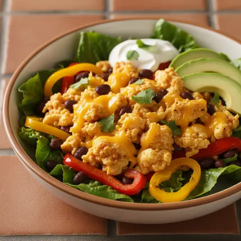 Bowl mexicain aux œufs et cheddar sur lit de laitue