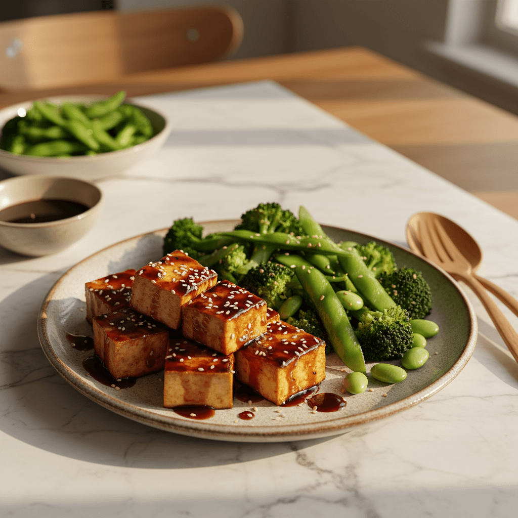 Tofu grillé teriyaki aux brocolis et edamames