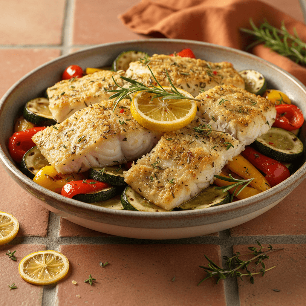 Bowl de cabillaud rôti aux légumes méditerranéens