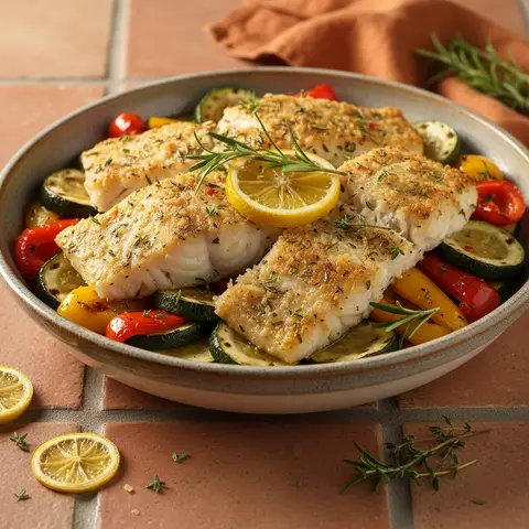 Bowl de cabillaud rôti aux légumes méditerranéens