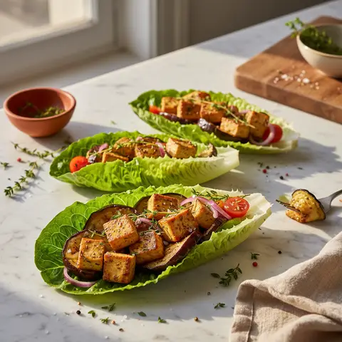 Wrap de laitue au tofu mariné et aubergine grillée