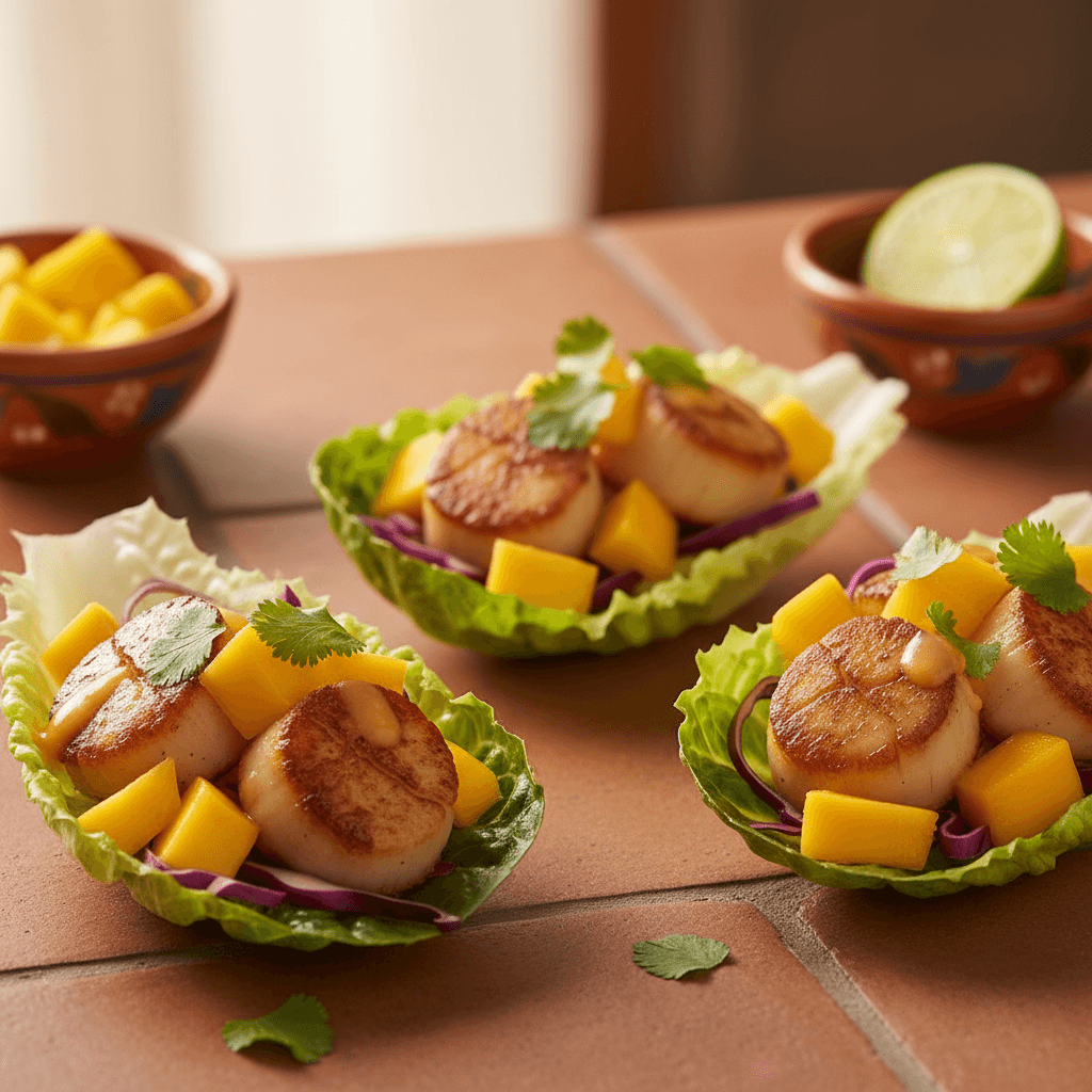 Wrap de laitue aux noix de Saint-Jacques et mangue