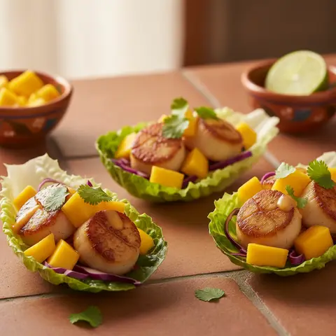 Wrap de laitue aux noix de Saint-Jacques et mangue