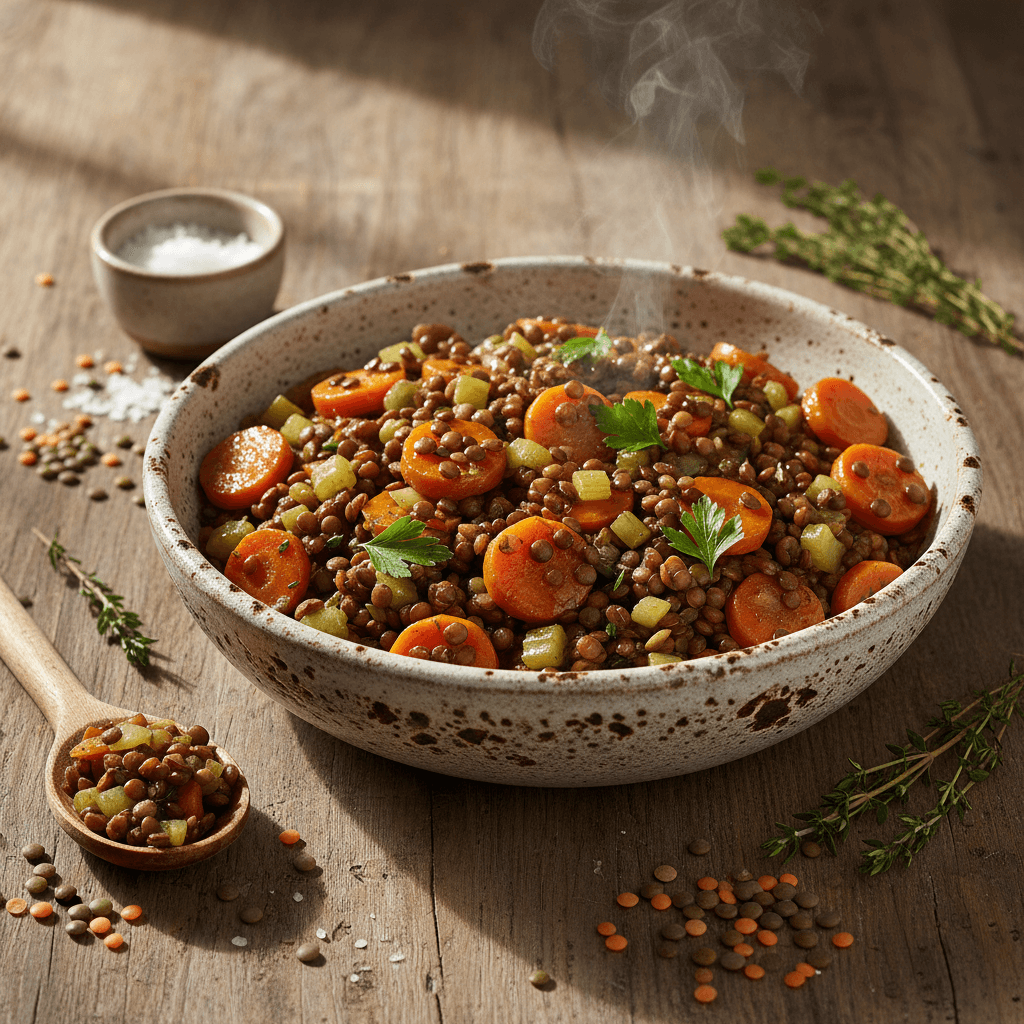 Pfanne mit Karotten und Linsen zum Sellerie