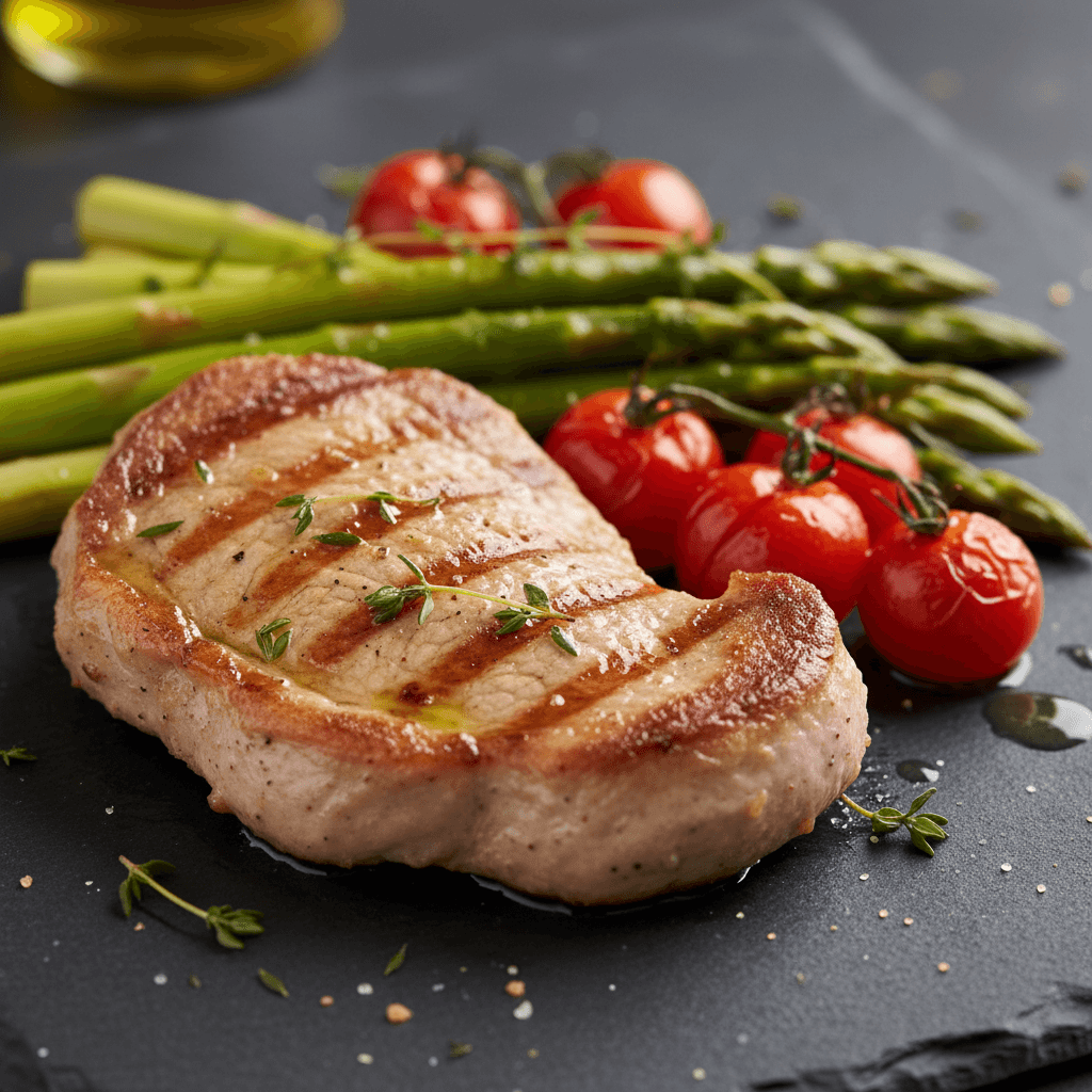 Escalope de veau grillée aux asperges et tomates cerises