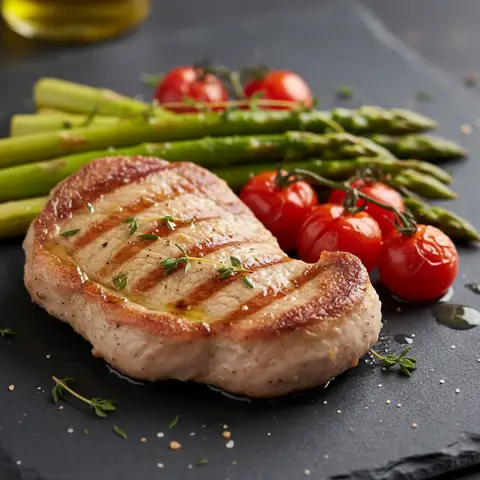 Escalope de veau grillée aux asperges et tomates cerises