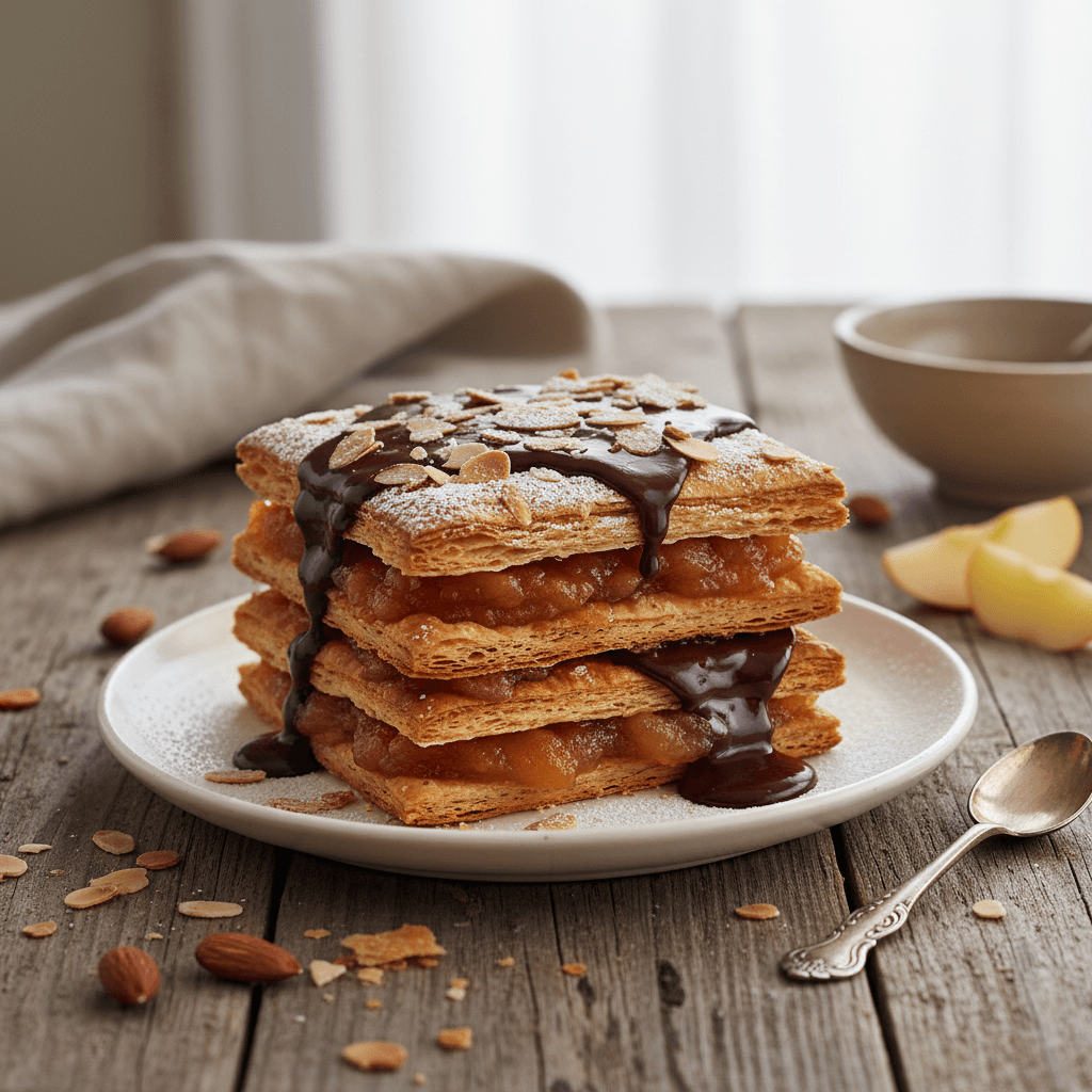 Mille-feuille mit Äpfeln und Schokolade und Mandeln