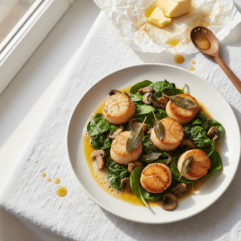 Saint-Jacques poêlées au beurre de sauge et épinards