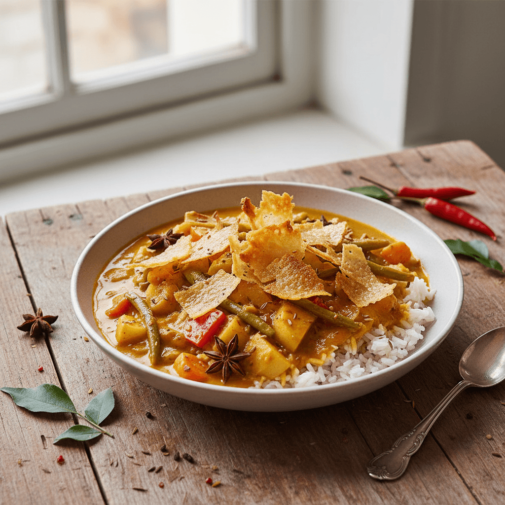 Gemüse-Obst-Curry mit Reis und knusprigem Gruyère
