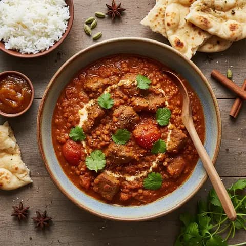 Curry Indien au Agneau et Lentilles Rouges