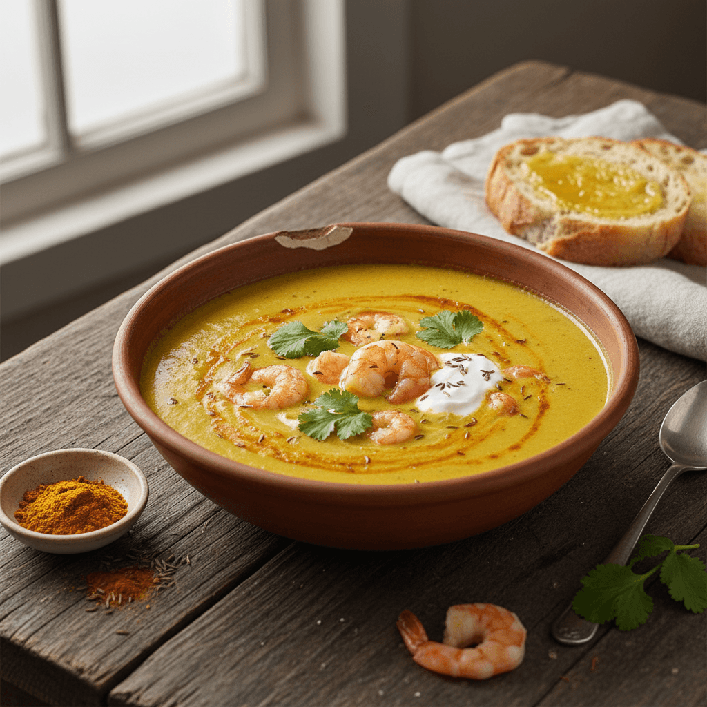 Garnelen-Suppe mit goldener Mehlschwitze nach indischer Art
