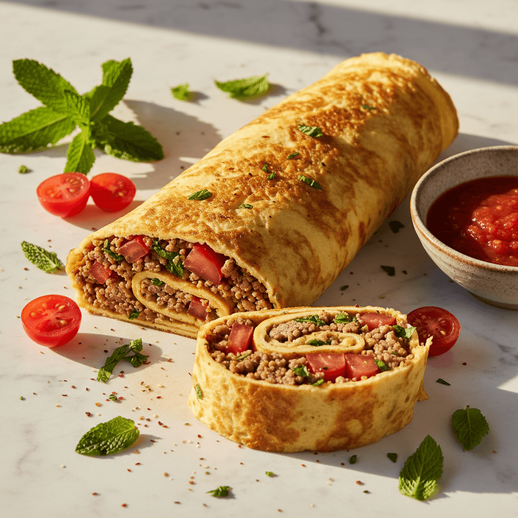 Omelette roulee a l'agneau epice, menthe et tomates a la libanaise