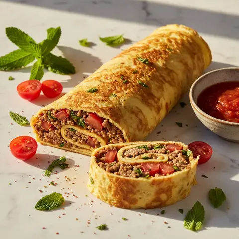 Omelette roulee a l'agneau epice, menthe et tomates a la libanaise