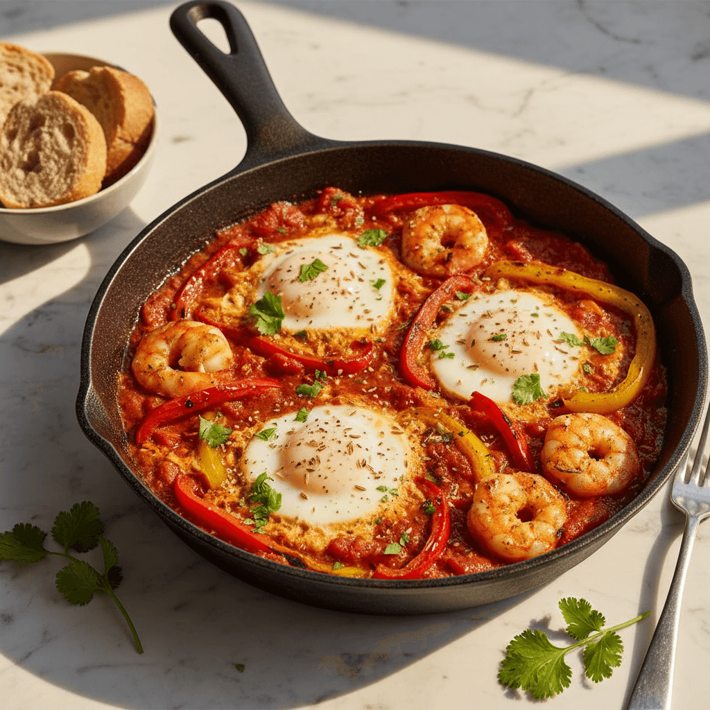 Shakshuka aux crevettes et poivrons grillés