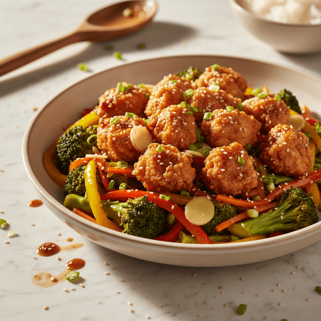 Brocoli Sauté à l'Asiatique avec Poulet Croustillant