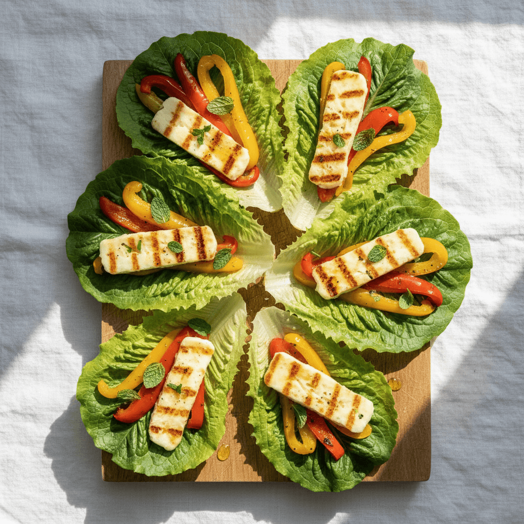 Wrap de laitue au halloumi grillé et poivrons