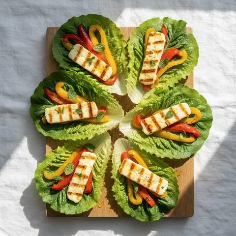 Wrap de laitue au halloumi grillé et poivrons