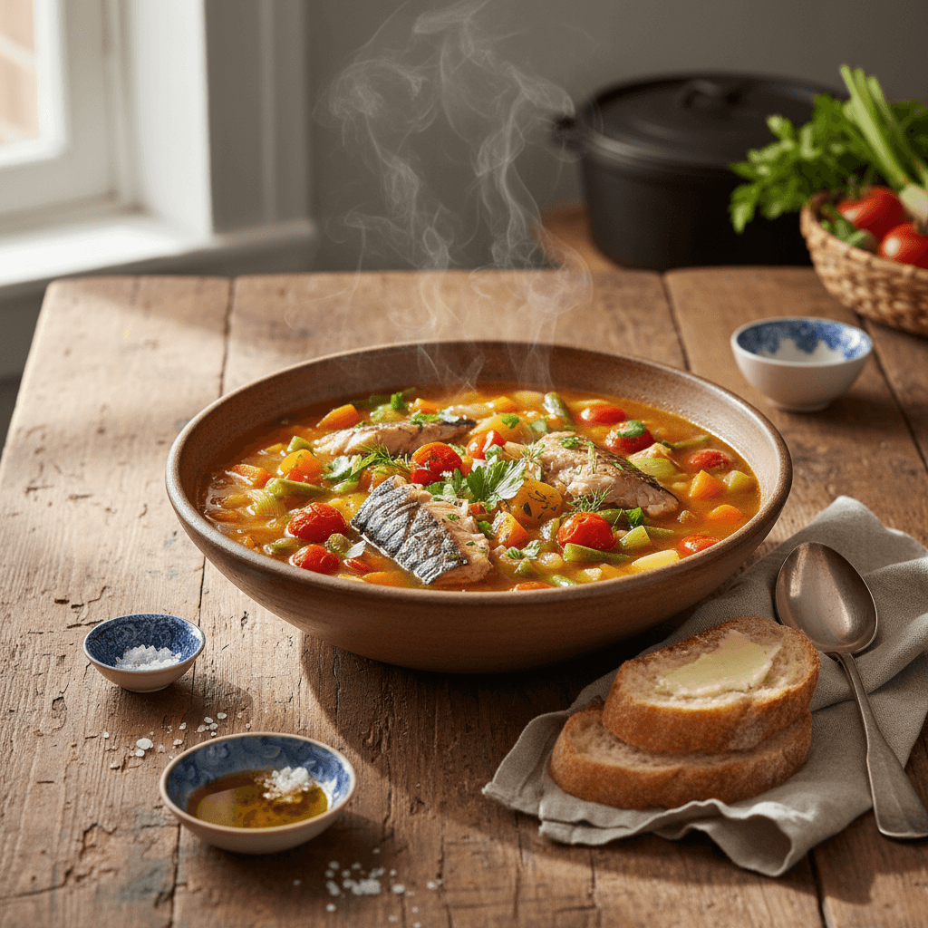 Gemüse- und Makrelensuppe