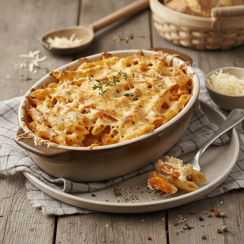 Überbackene Penne mit Karotten und Käse