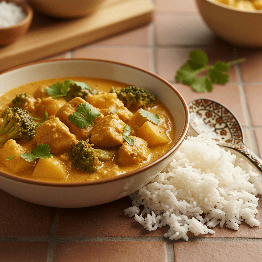 Curry de poulet aux pommes de terre et brocoli