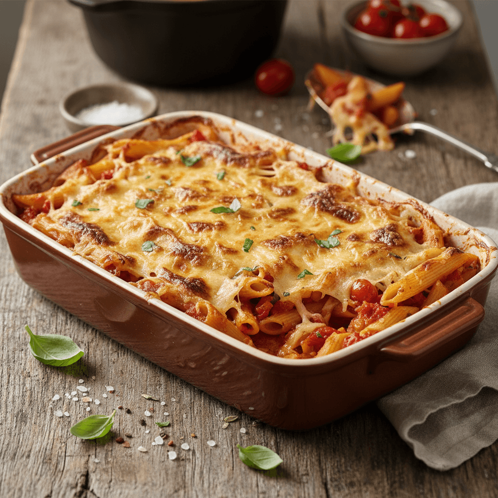 Penne-Auflauf mit Tomaten und Gruyère
