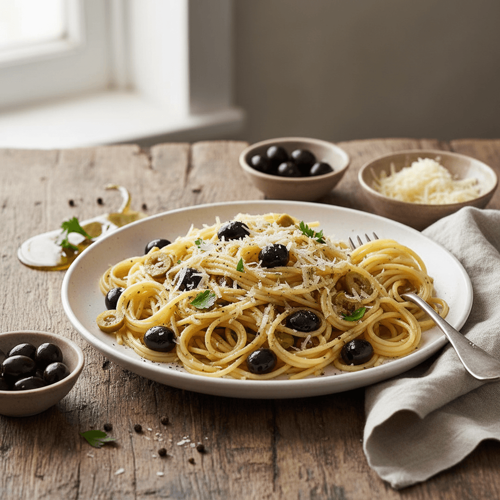 Spaghetti with Olives and Gruyère