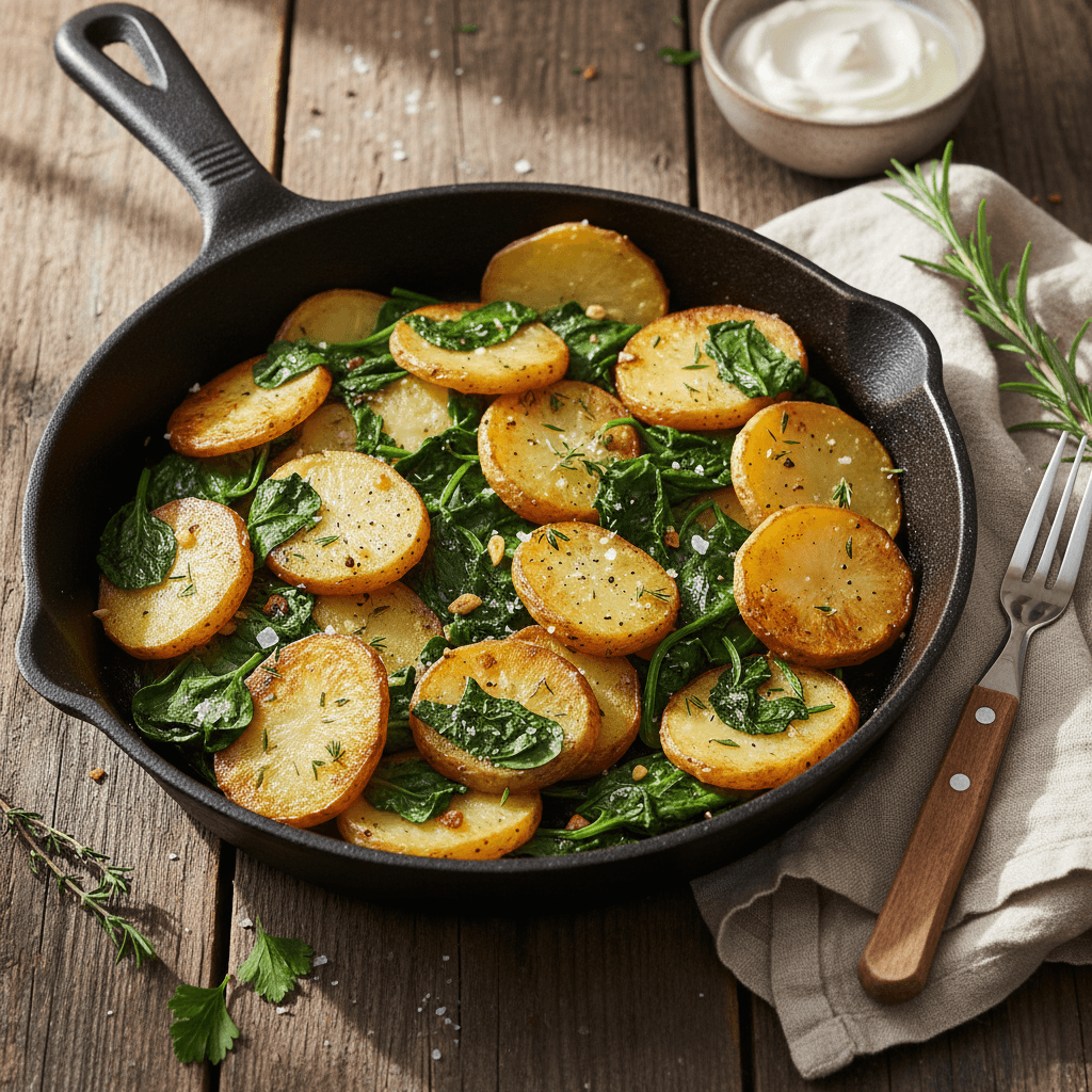 Gebratene Kartoffeln und Spinat aus der Pfanne