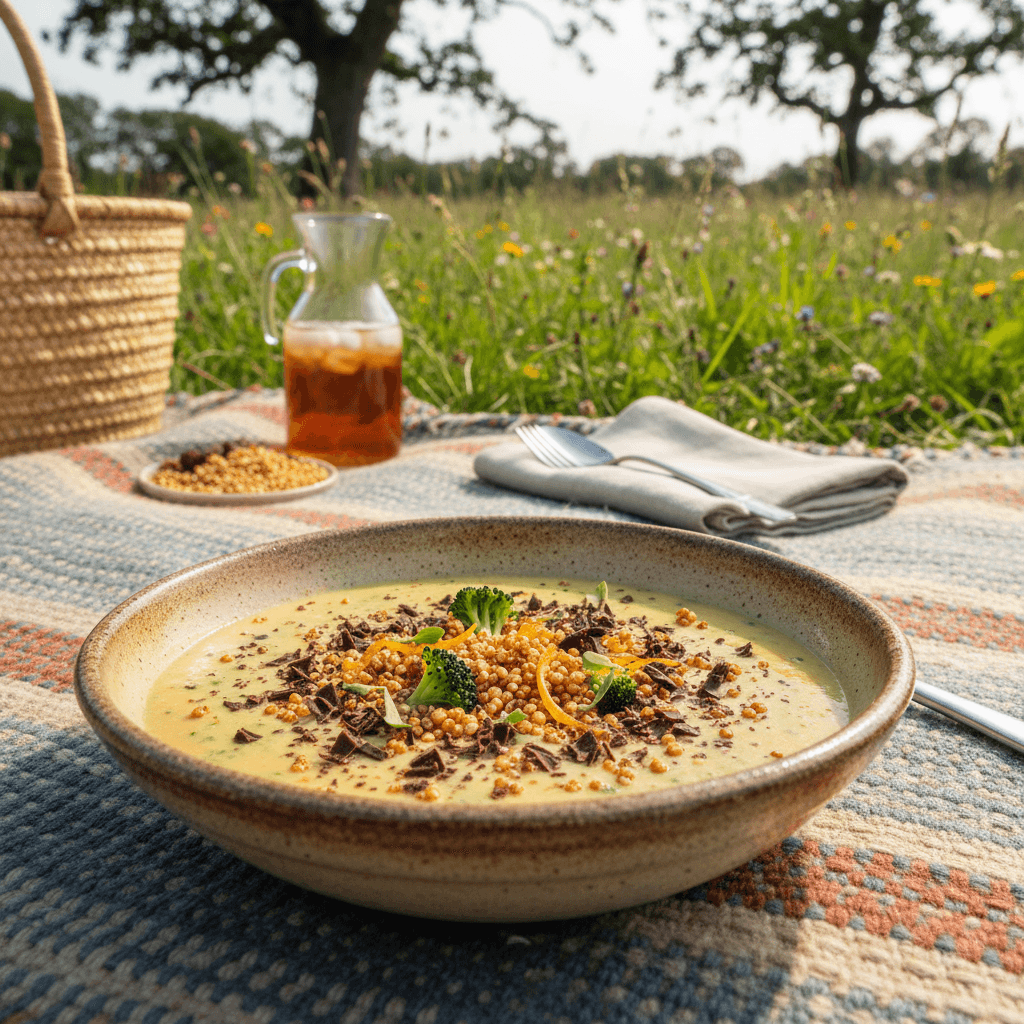 Velouté de Brocoli-Orange avec Chocolat Amer et Quinoa Croustillant