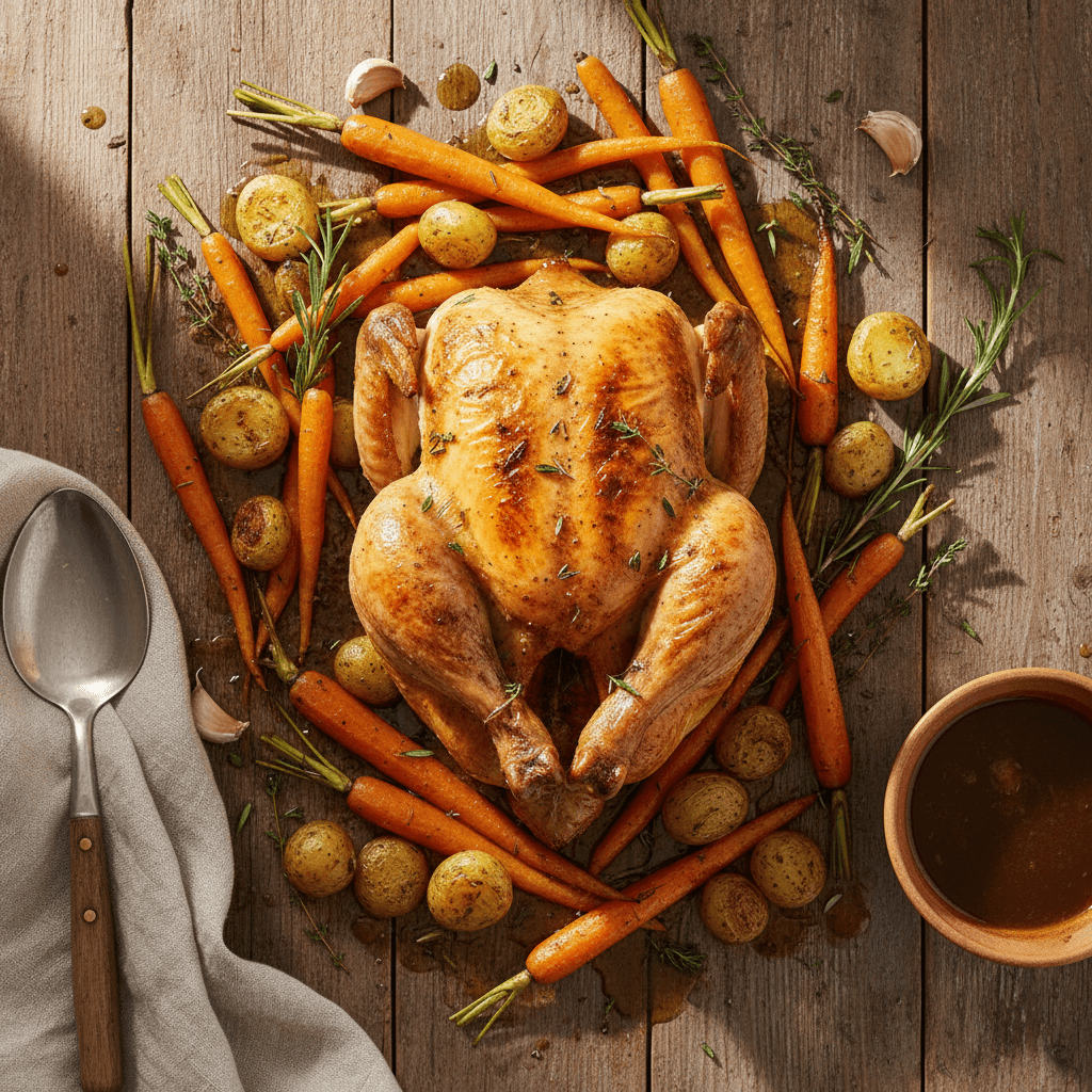 Poulet rôti aux carottes et pommes de terre