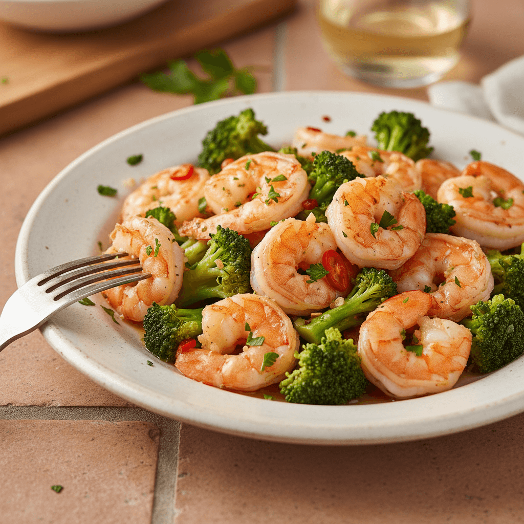 Crevettes poêlées à l'ail et au brocoli