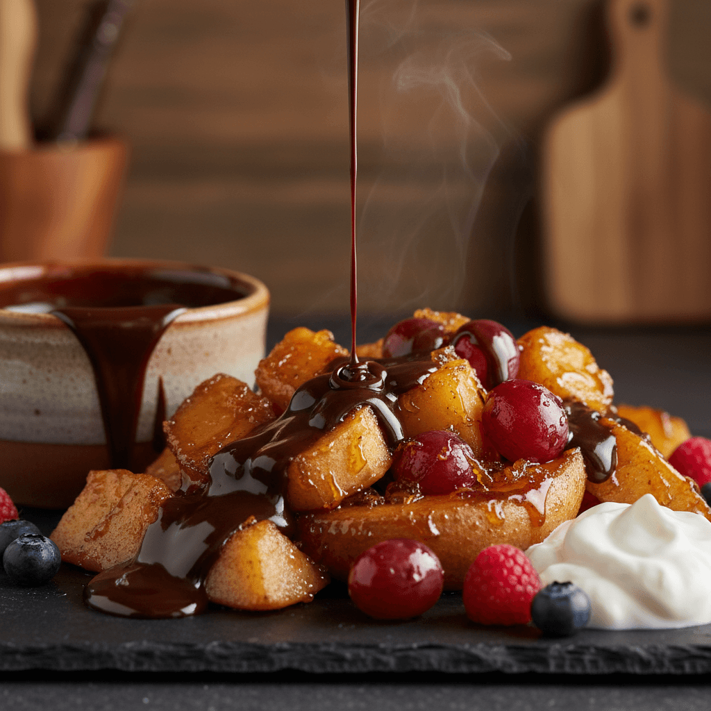 Sauce au chocolat et fruits caramélisés