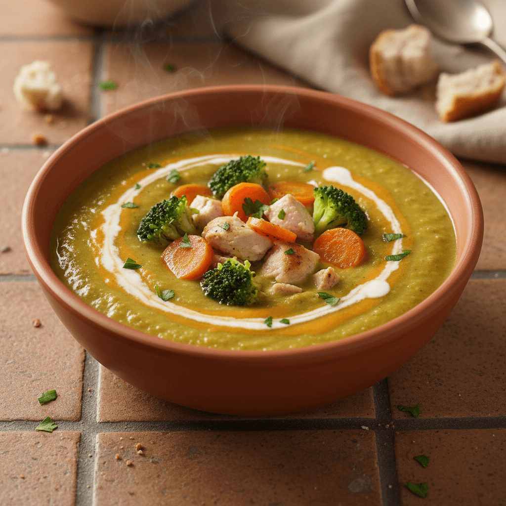 Soupe veloutée poulet, carotte et brocoli