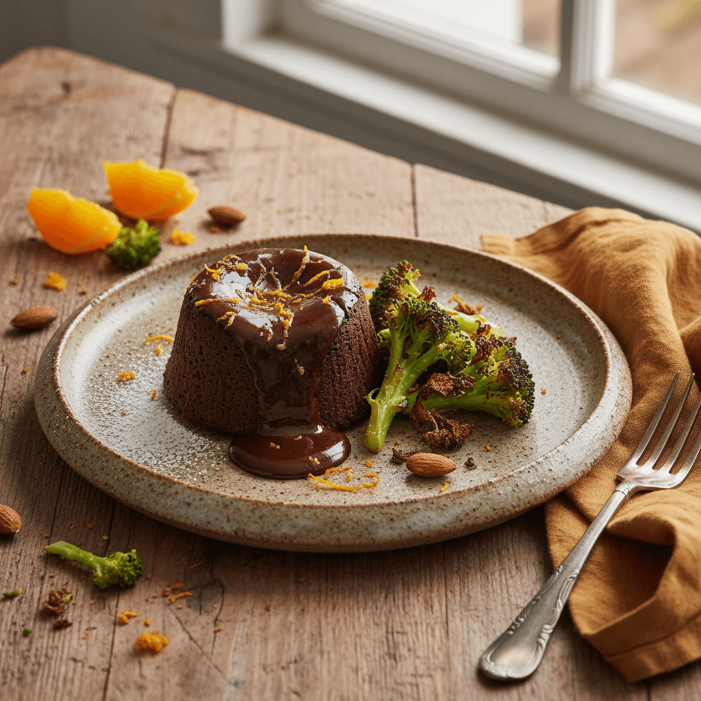 Schokoladen-Orangen-Fondant mit knusprigem Brokkoli