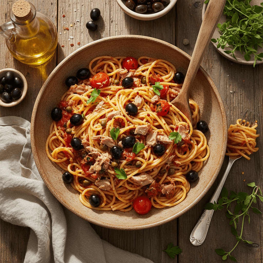 Pâtes alla puttanesca avec miettes de thon