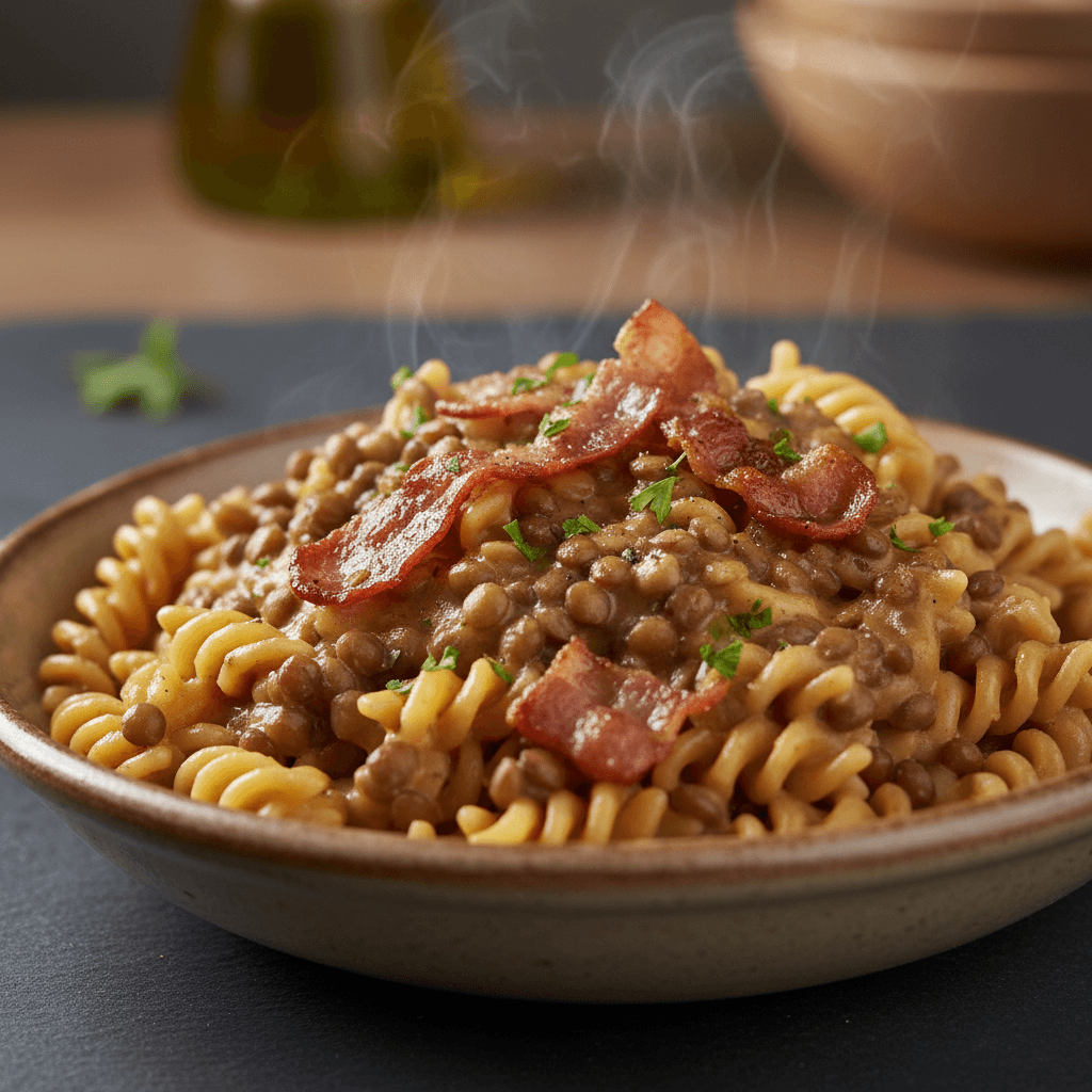 Pasta mit Linsen-Sahne-Sauce und knusprigem Speck