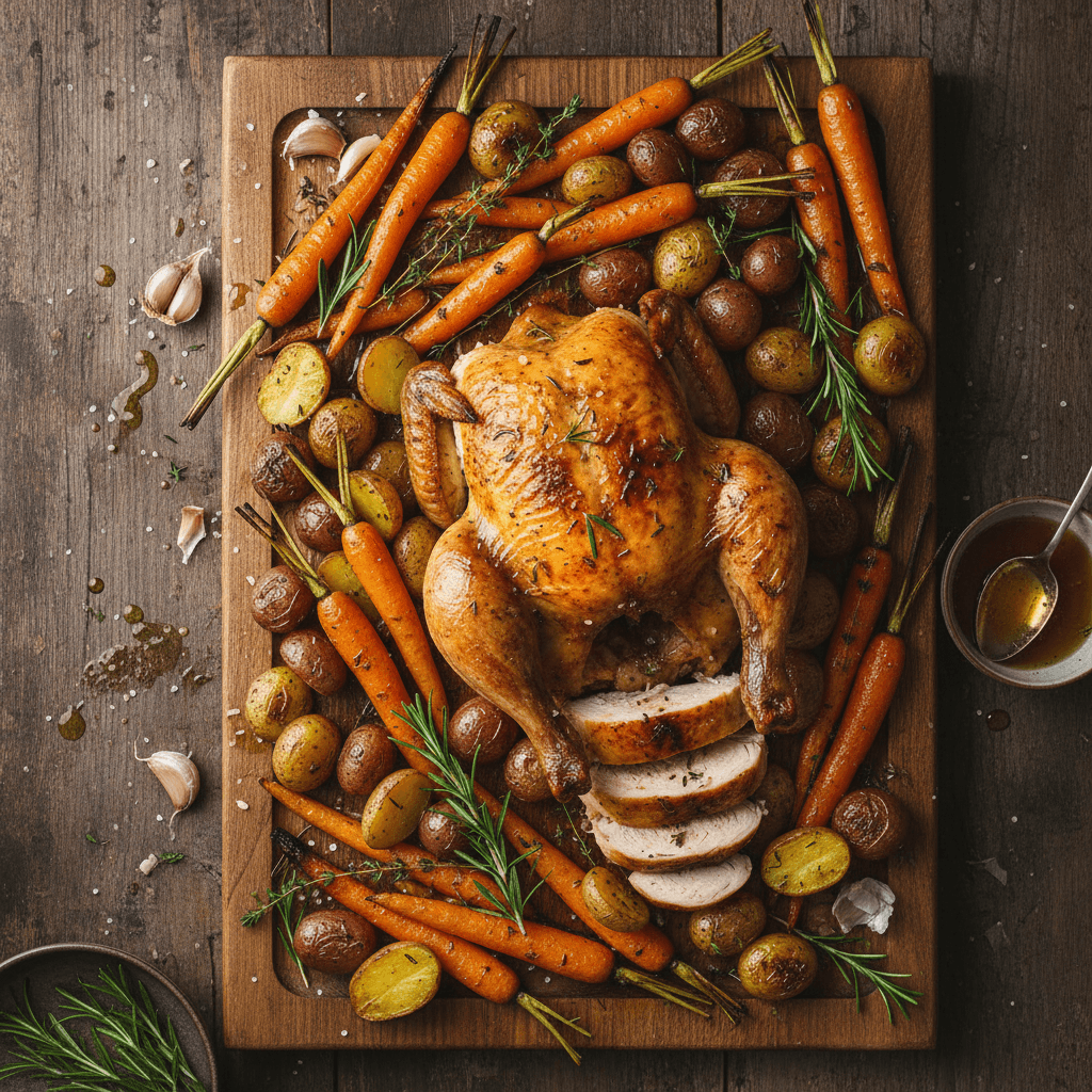 Poulet rôti aux carottes et pommes de terre