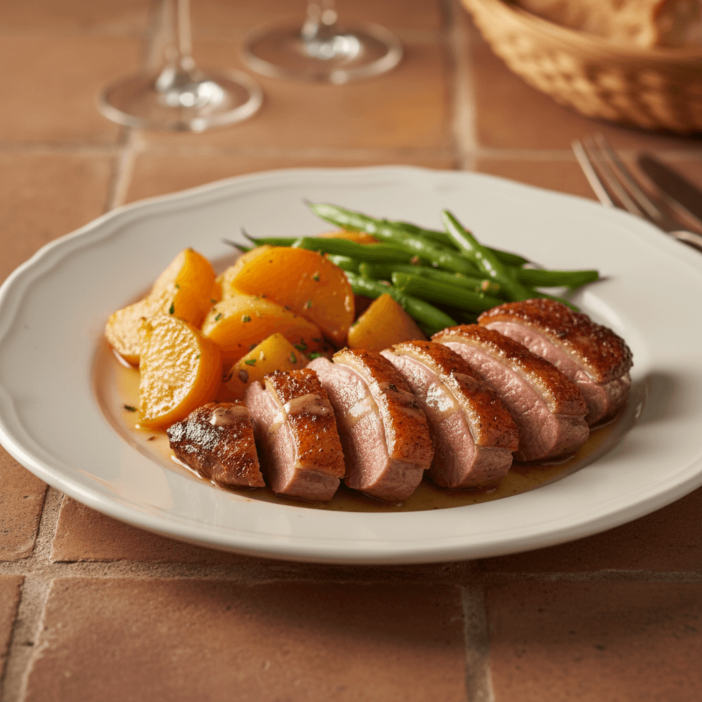 Magret de canard roti aux navets et haricots verts